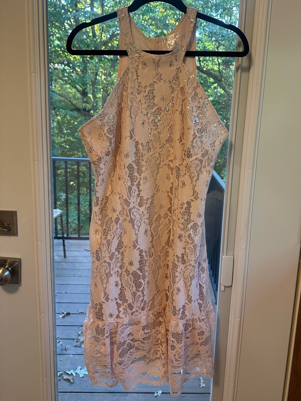 VENUS Blush Lace Halter Mini Dress with Sequin Detail